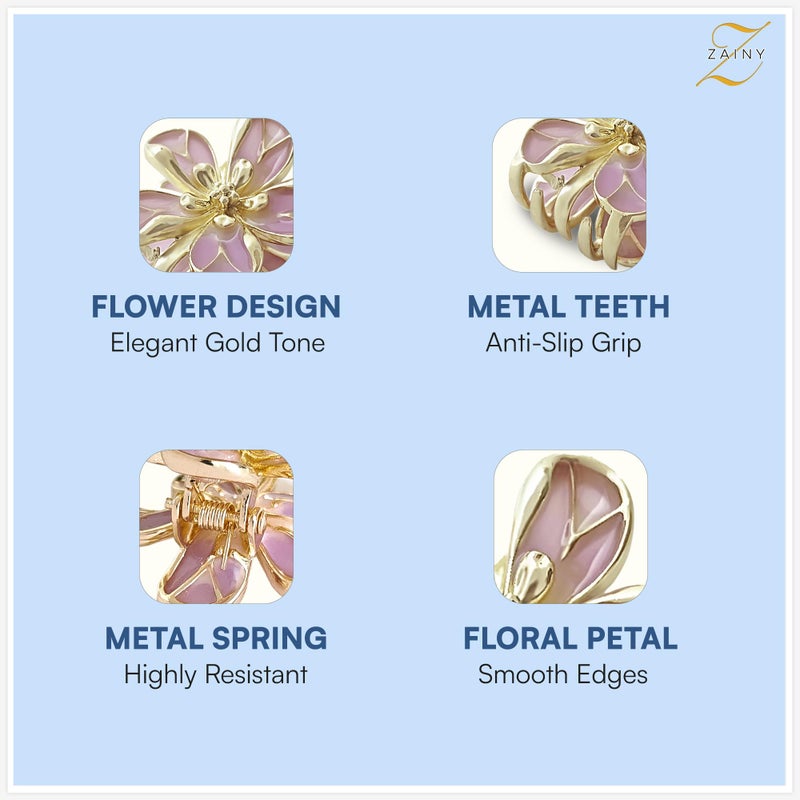 ZAINY 6 Flower Metal Hair Claw Clips for Women, Small Cute Gold Plumeria Hawaiian Floral Girl Hair Accessories, Decorative Butterfly Hairclips for Thick & Thin Hair, Strong Claws, Hibiscus & Tulips - Image 3